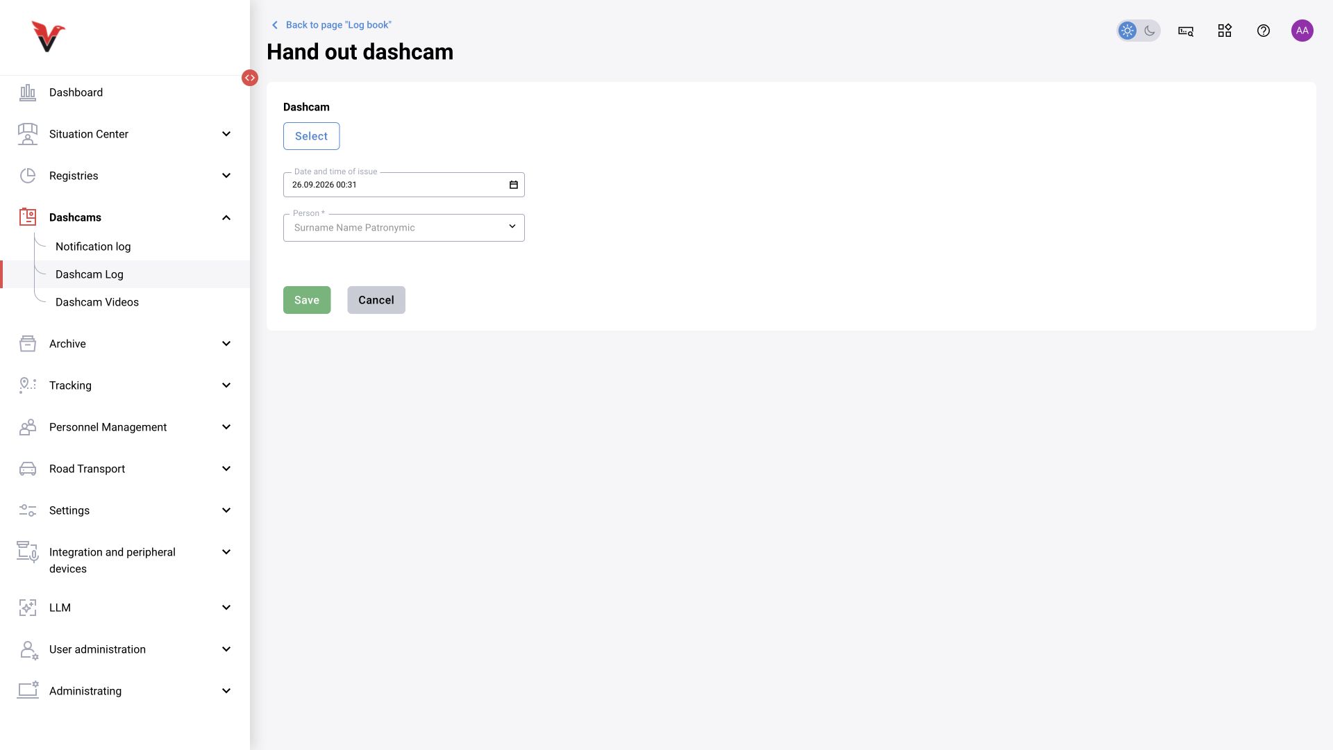 BOX 3.2 interface. Issuing a video recorder: device, date and recipient. The form is shown before saving.