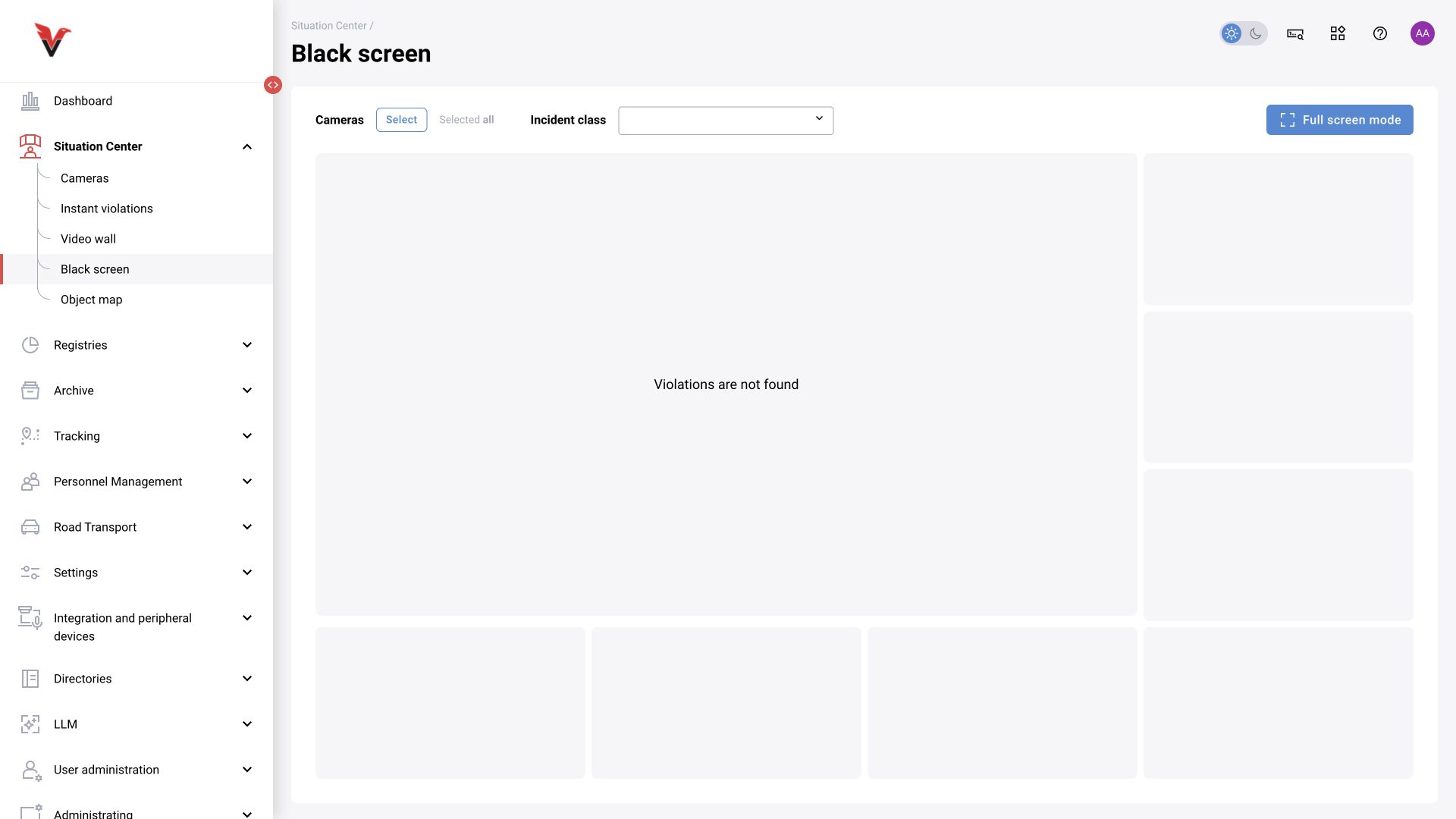 Black screen: camera and incident-class filters. No violations were found in this capture.