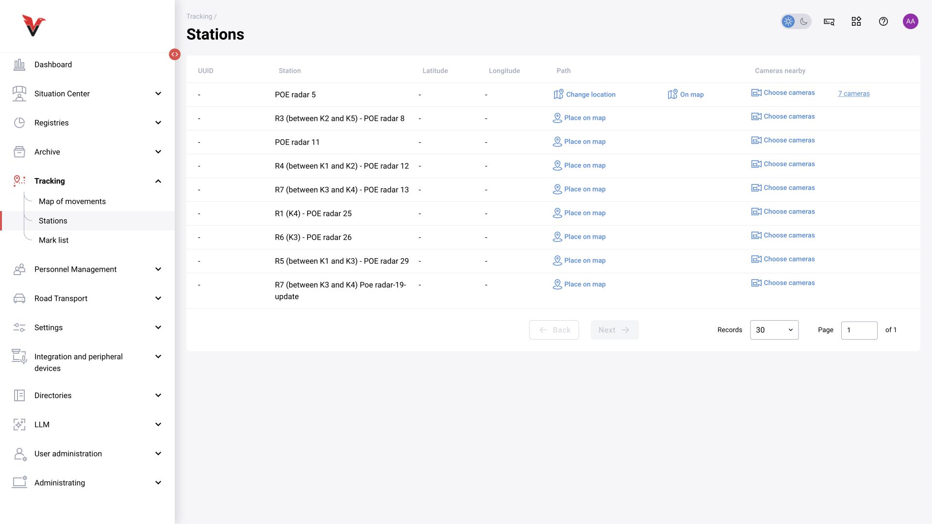 Positioning → Stations: BOX 5.0 interface.