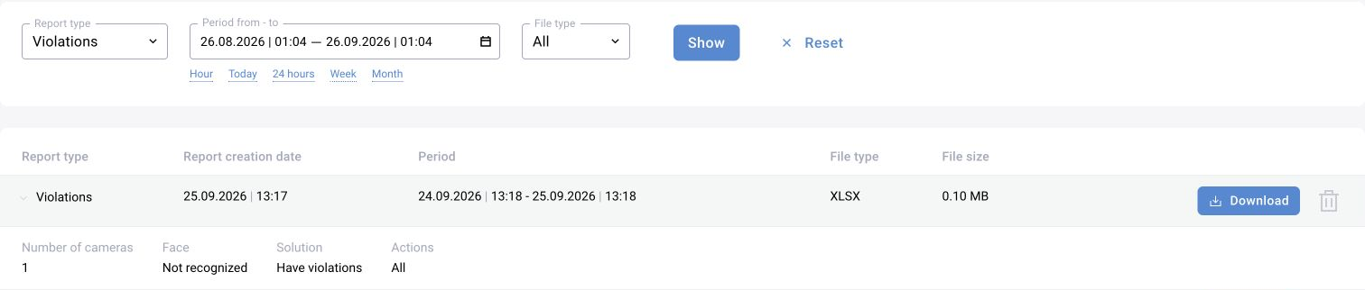 Shared report registry, illustrated in BOX 3.2: the expanded XLSX row shows its period, camera count and decision filter, with a Download action