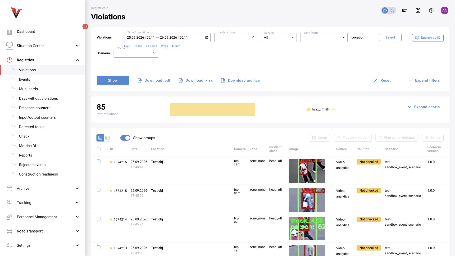Journals → Violations: BOX 5.0 interface.