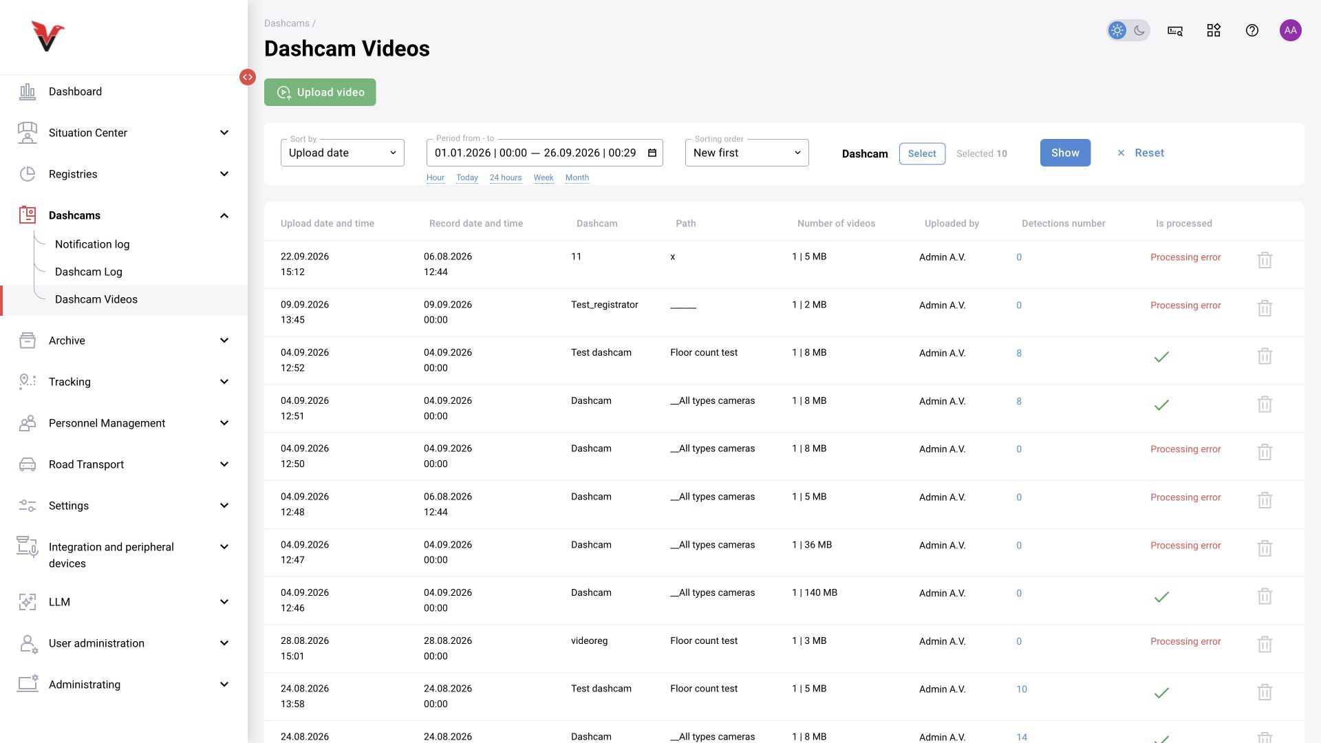 Video recorders → Uploaded videos: section overview.