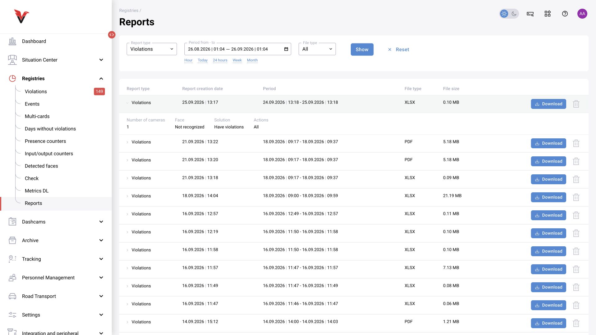 Reports: generated XLSX and PDF files, creation dates, sizes and report criteria. Shown with administrator access; available controls depend on the assigned role.
