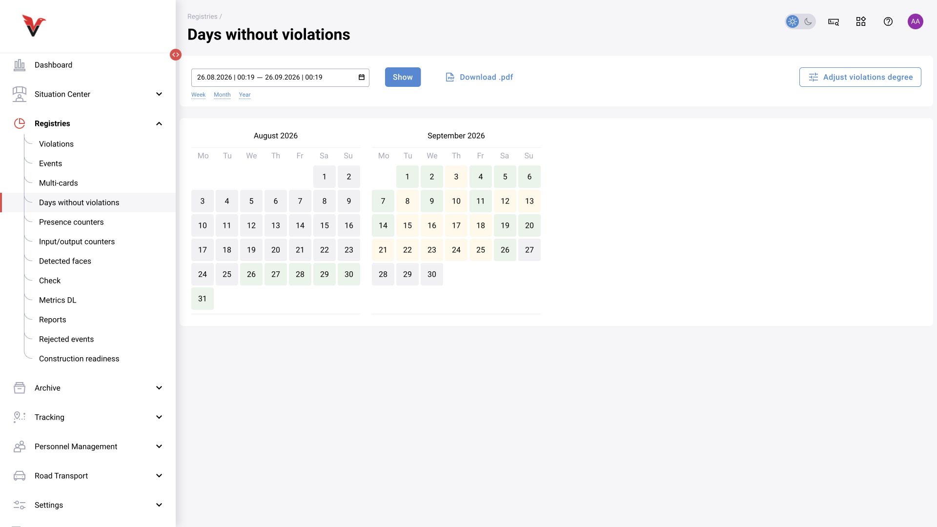 Journals → Days without violations: BOX 5.0 interface.