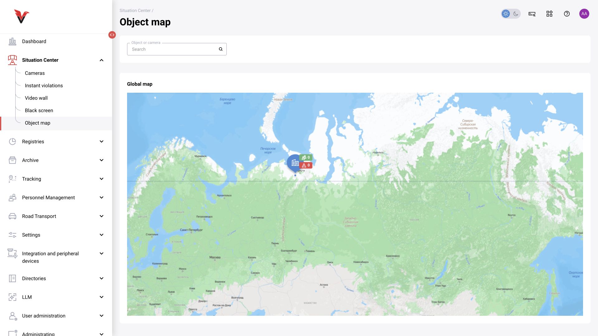 Site map: site markers and search in the BOX 5.0 interface. Geographic names are shown as supplied by the original map; the map content is unchanged.