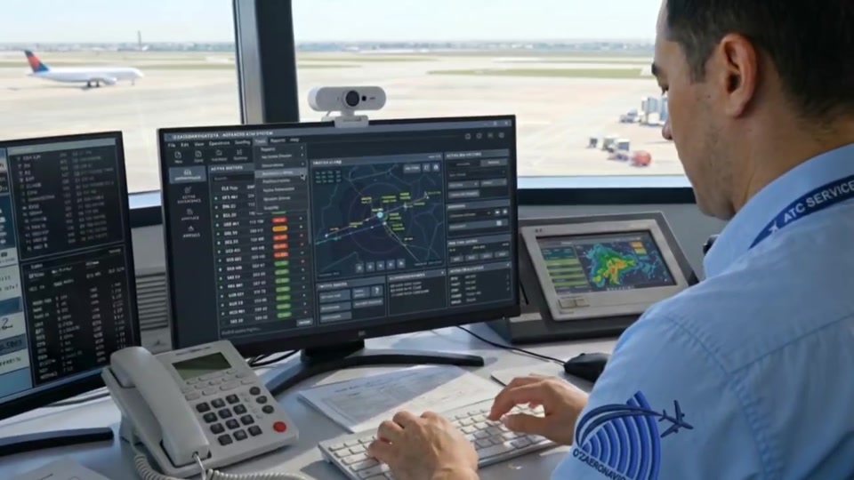 Camera at an air traffic controller workstation.