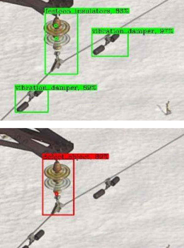 Illustrative detection of insulators and vibration dampers from aerial inspection imagery.