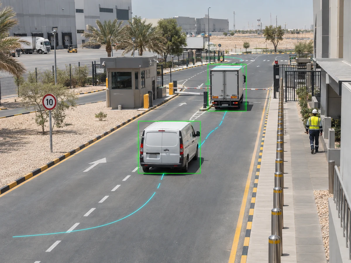 Illustration of vehicle route and access monitoring at an industrial facility